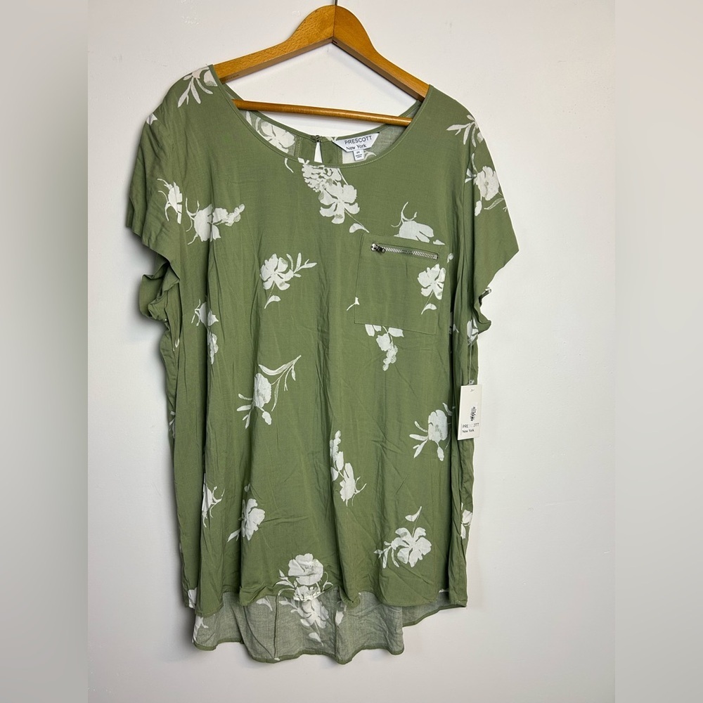 Prescott New York Top Blouse Plus Size 2x Green Floral Lightweight Comfortable